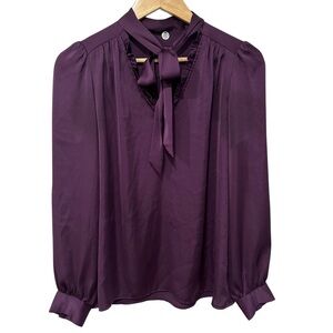 Margaret O'Leary Purple Tie Neck Blouse Large Long Sleeve Designer Luxury READ